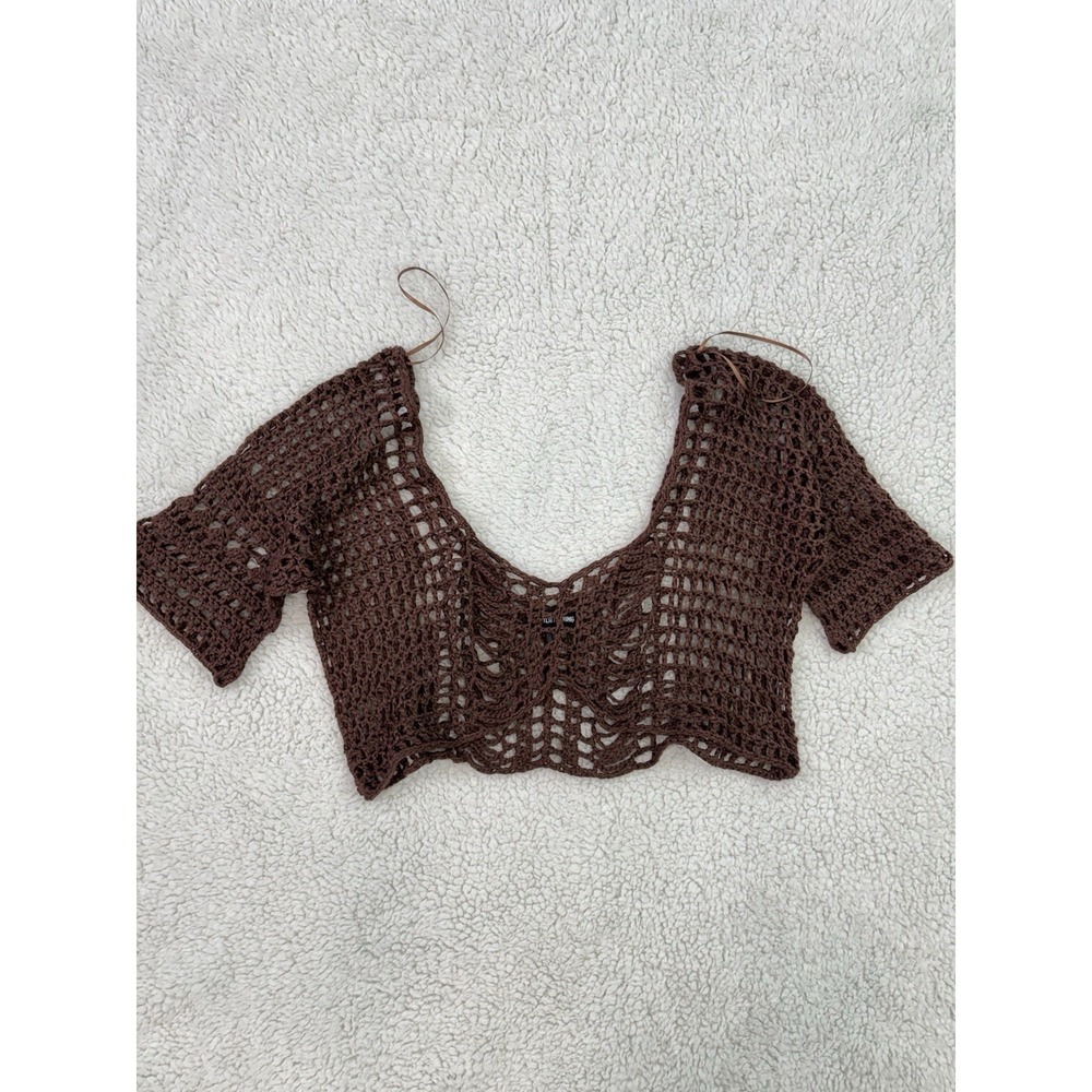 Pretty Little Thing Brown Crochet Top Swim Coverup Festival Boho Size L